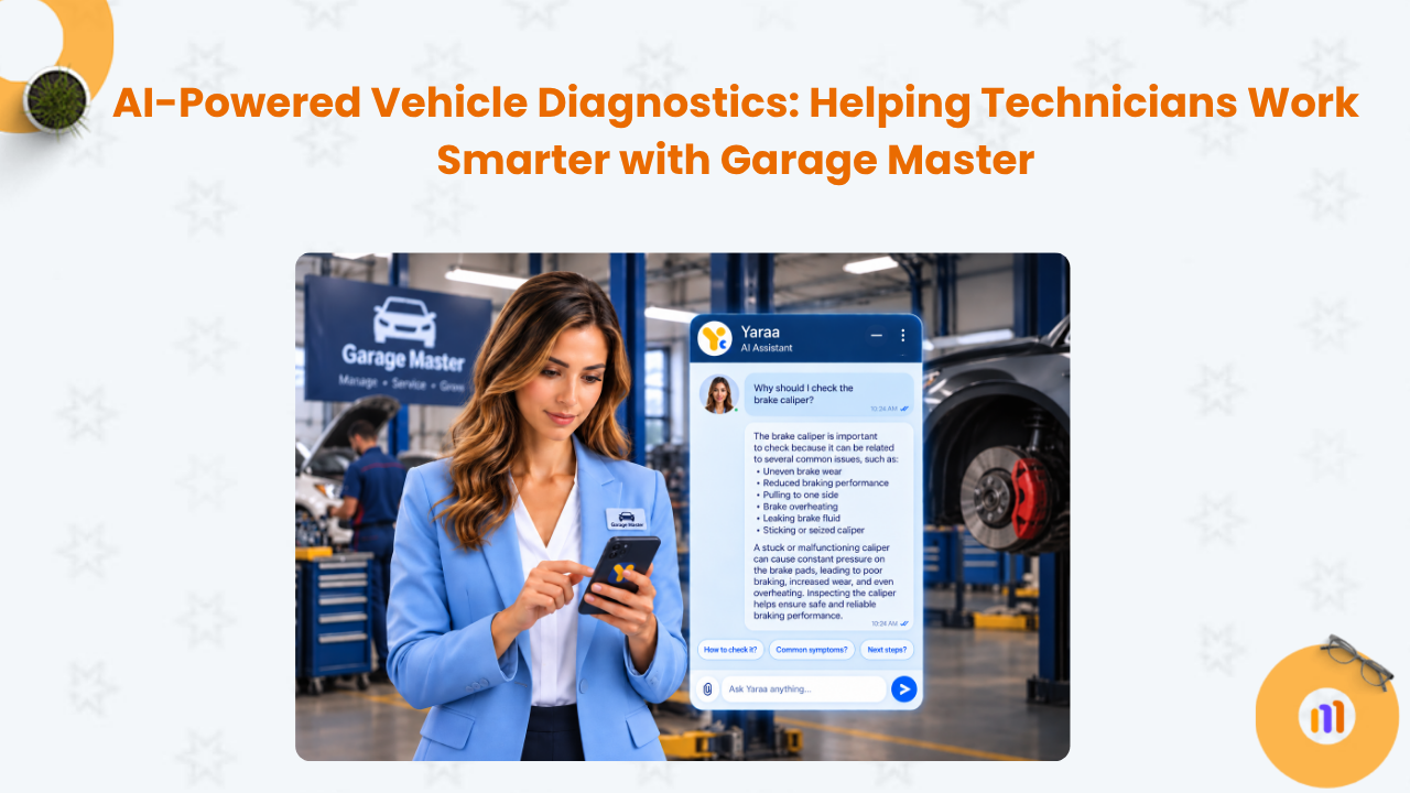 Woman in a blue blazer using a smartphone at a car repair shop, with a Yara AI assistant chat on screen in the foreground.